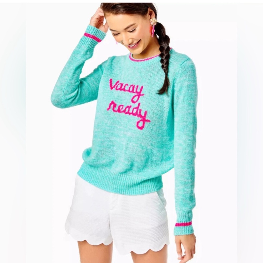 Lilly Pulitzer “Vacay Ready” Aqua Lightweight Sweater with Pink Details